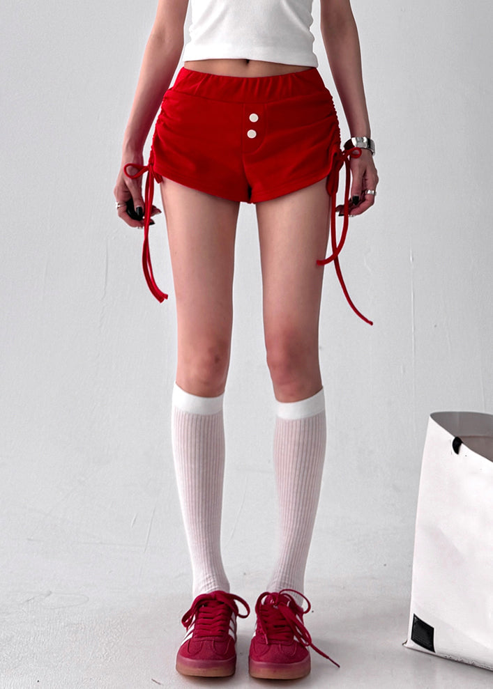 Red Lace Up Elastic Waist Cotton Shorts Summer