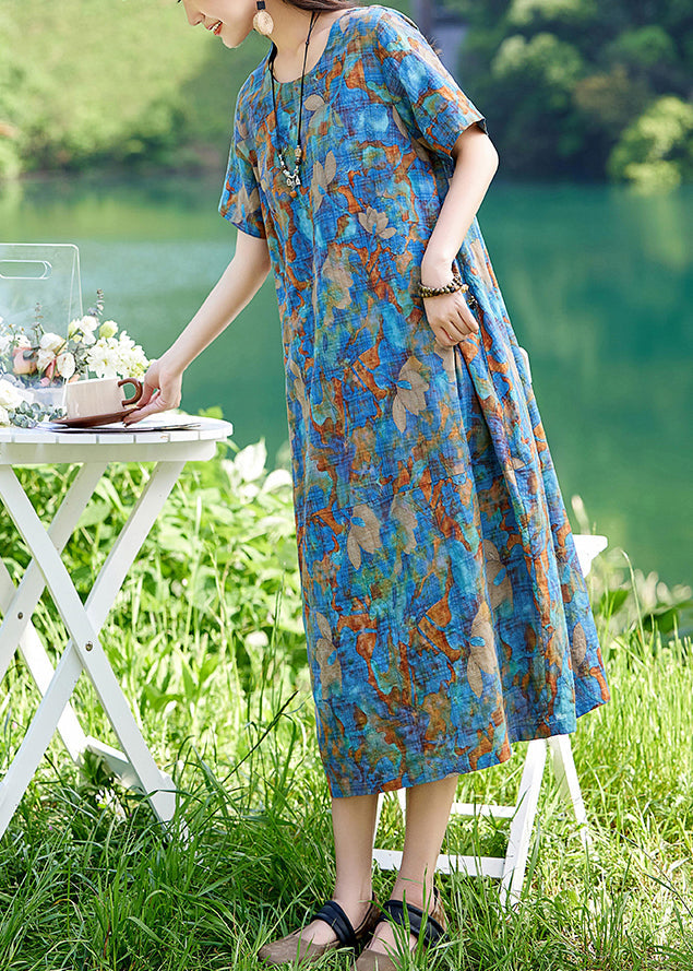 Classy Blue O-neck Print Cotton Long Dress Summer