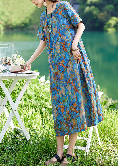 Classy Blue O-neck Print Cotton Long Dress Summer