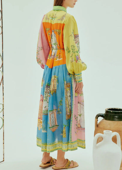 Lantern Sleeve Graffiti Printed Wrinkled Lace Up Dress Spring