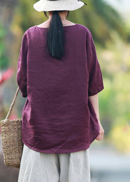 Purple O-neck Linen Shirts Summer