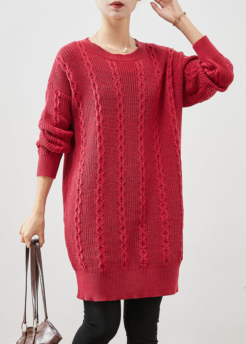 Red O-neck Warm Cable Knit Dress Winter