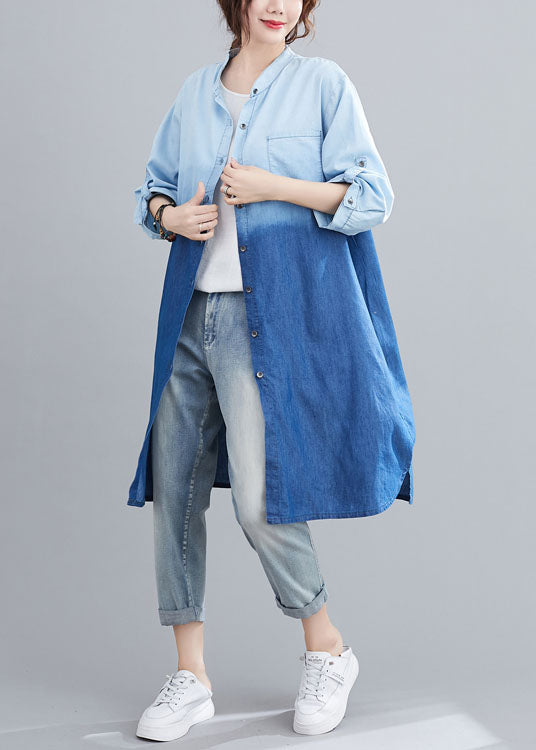 Blue Pockets Button Gradient Color Fall Denim Trench Long Sleeve