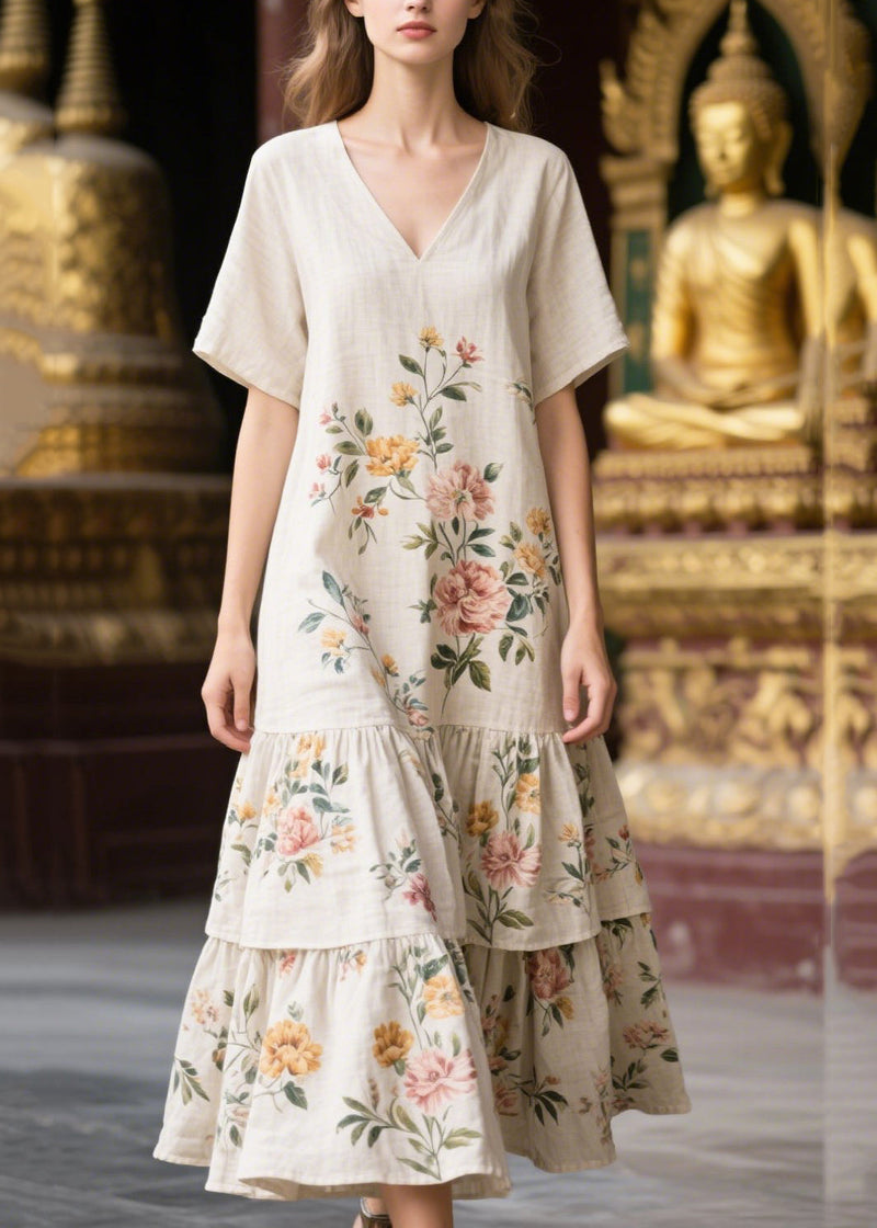White V Neck Print Linen Dresses Summer