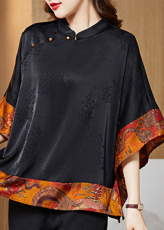 Green Polka Dots Mandarin Collar Asymmetrical Patchwork Jacquard Silk Shirts Batwing Sleeve