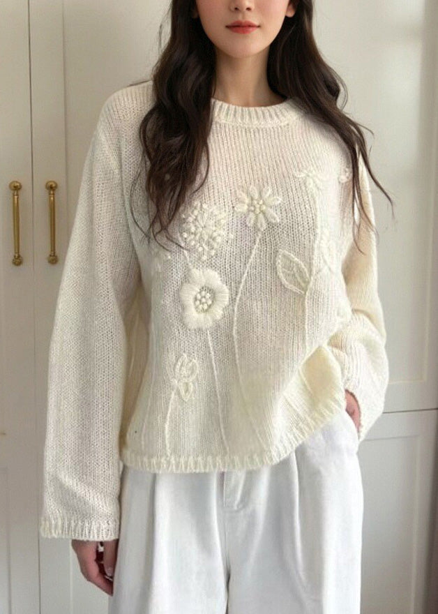 Loose Pink O-neck Cotton Knit Sweater Fall