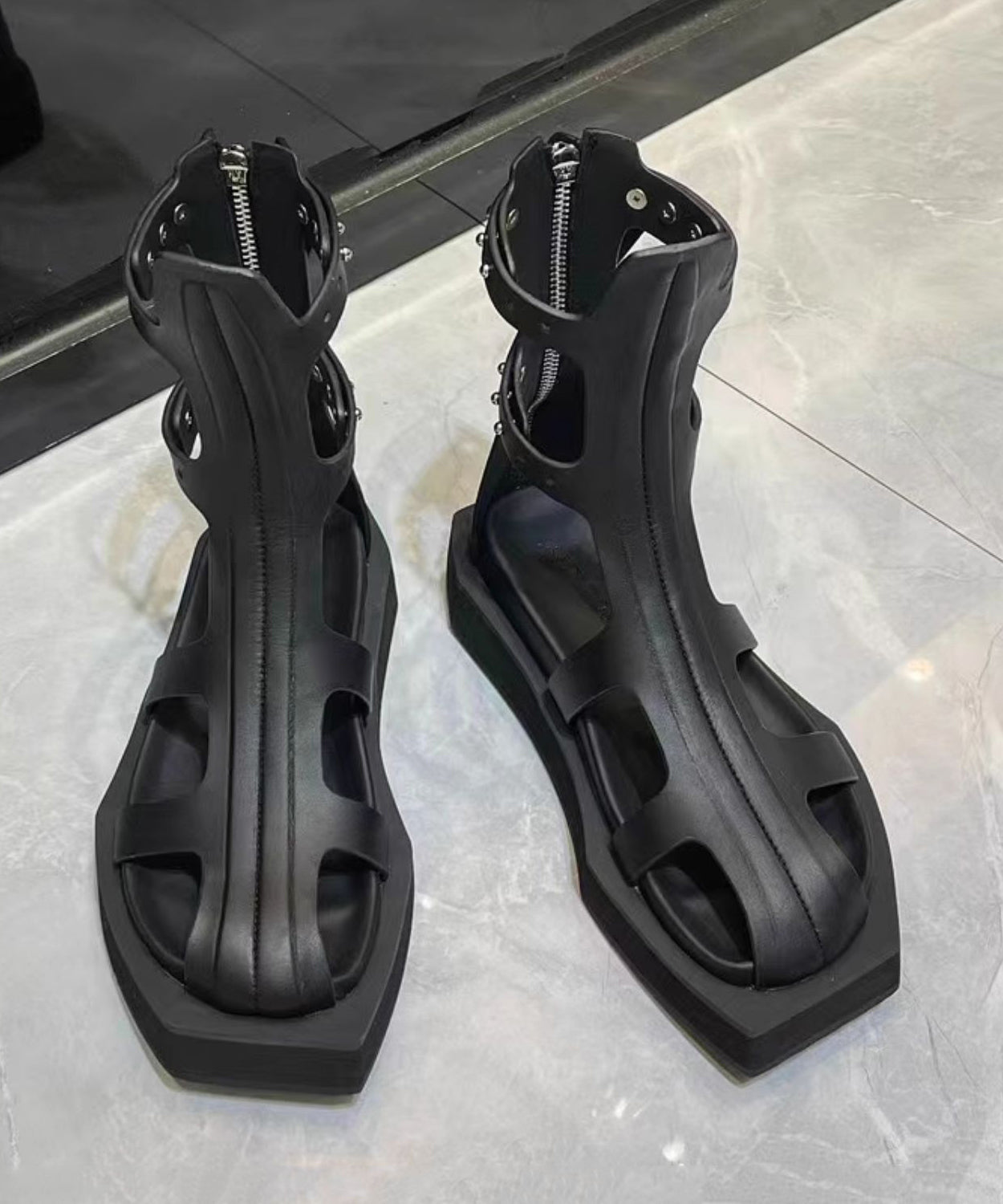 Black Platform Cowhide Leather Hollow Out Water Sandals