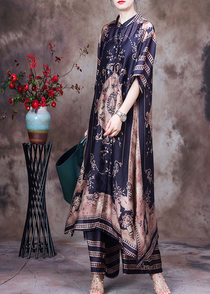 Chocolate Stand Collar Side Open Print Silk Two Piece Set Clothing Summer