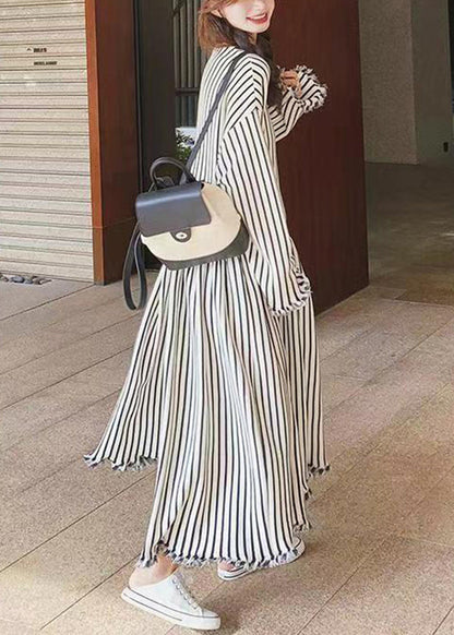 O Neck Striped Patchwork Cotton Long Dresses Long Sleeve