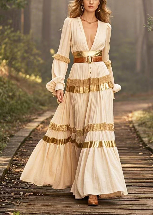 French Beige Deep-v Neck Patchwork Cinched Dresses Lantern Sleeve