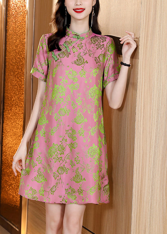 Pink Mandarin Collar Jacquard Silk Cheongsam Dresses Short Sleeve