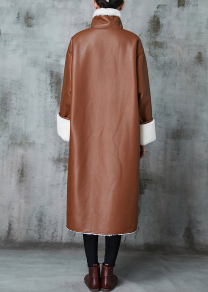 Italian Brown Oversized Warm Leather and Fur Trench Coats Spring