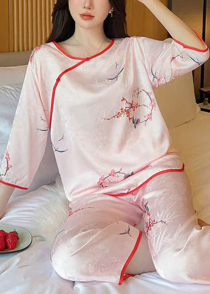 Pink O Neck Print Ice Silk Pajamas Two Pieces Set Half Sleeve