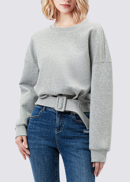 Grey Patchwork Sashes Sweatshirt Lantern Sleeve