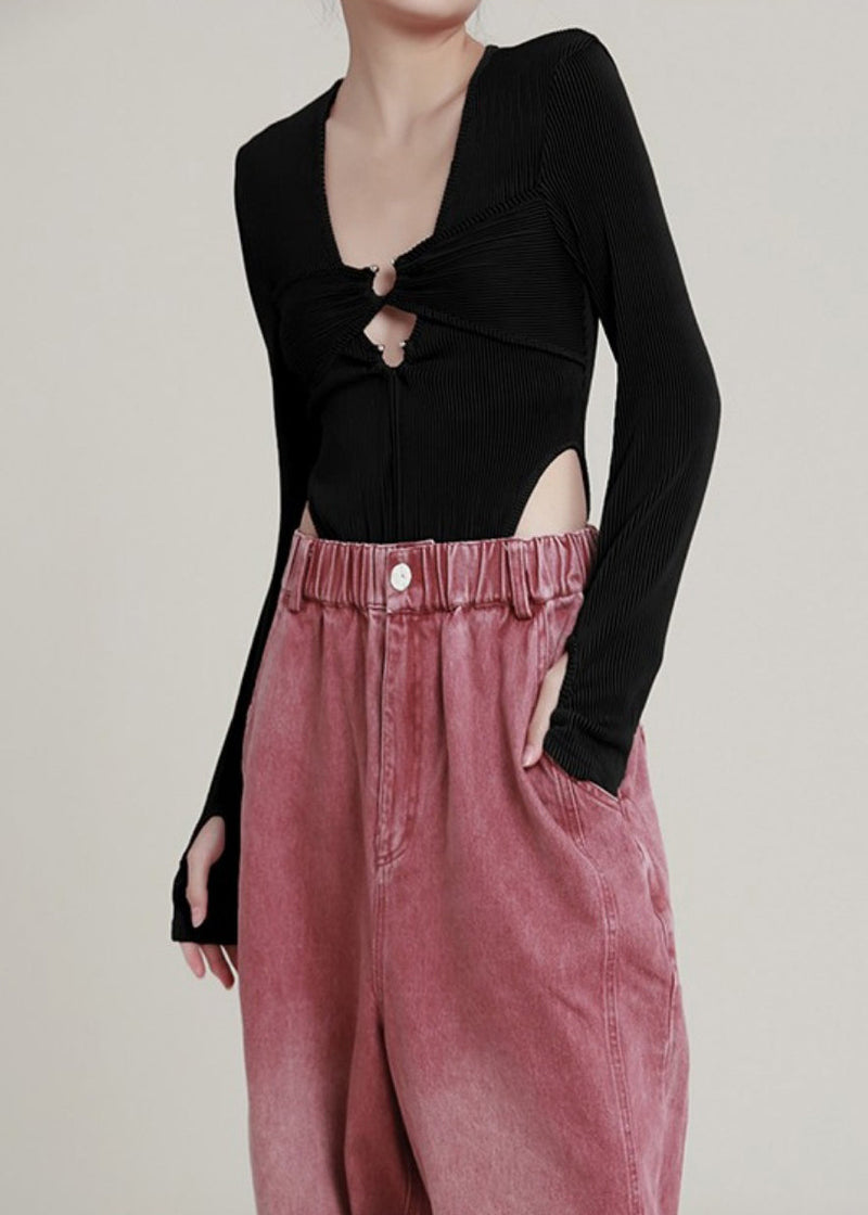Black U Neck Hollow Out Knit Jumpsuit Long Sleeve