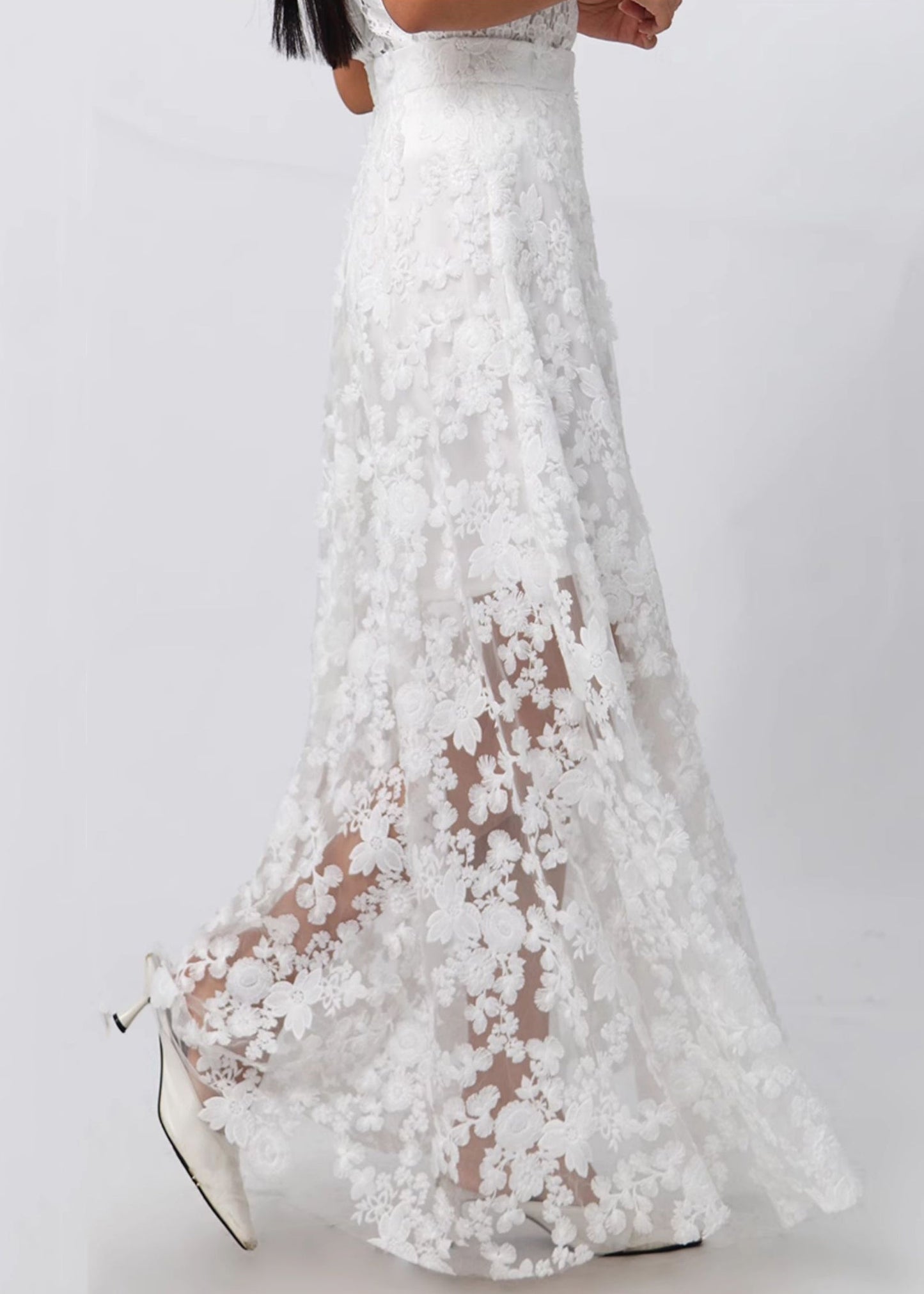 White Zippered High Waist Lace Skirt Summer