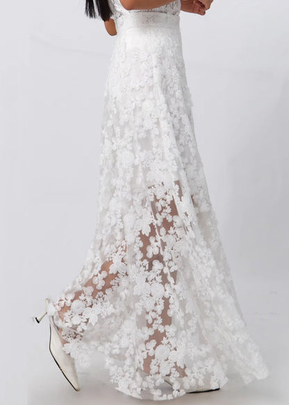 White Zippered High Waist Lace Skirt Summer