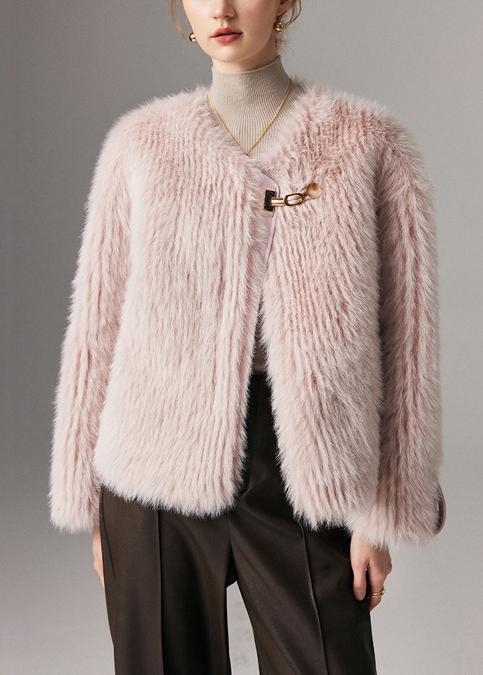 Pink Button Leather and Fur Winter Coat O Neck