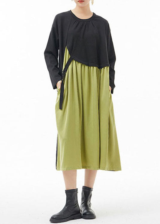 Green O-neck Wrinkled Patchwork Dresses Spring
