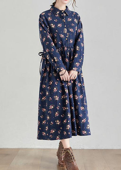Lapel Cinched Spring Tunics Shape Navy Print Traveling Dress