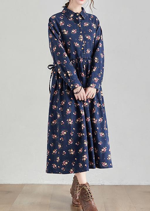 Lapel Cinched Spring Tunics Shape Navy Print Traveling Dress