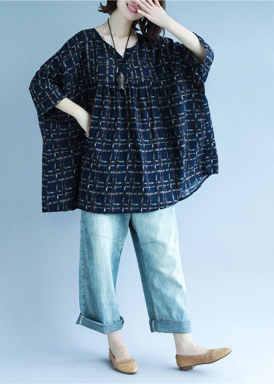 Navy V Neck Print Patchwork Fall Shirt Three Quarter Sleeve
