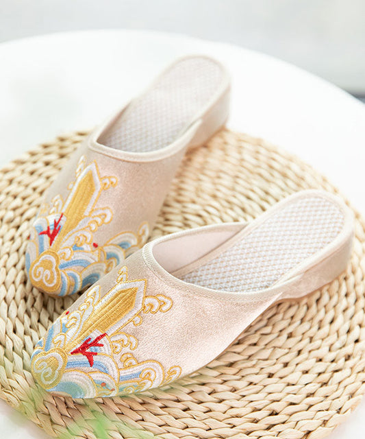Gold Satin Slide Sandals Splicing Pointed Toe Embroideried