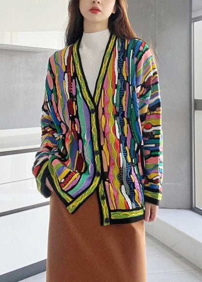 Rainbow V Neck Button Cotton Knit Cardigan Long Sleeve