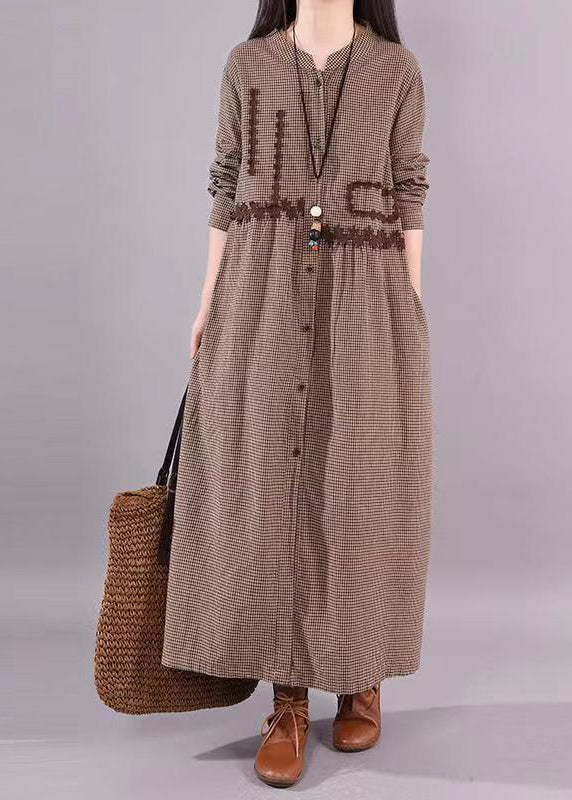 Coffee O Neck Plaid Patchwork Cotton Long Dress Fall