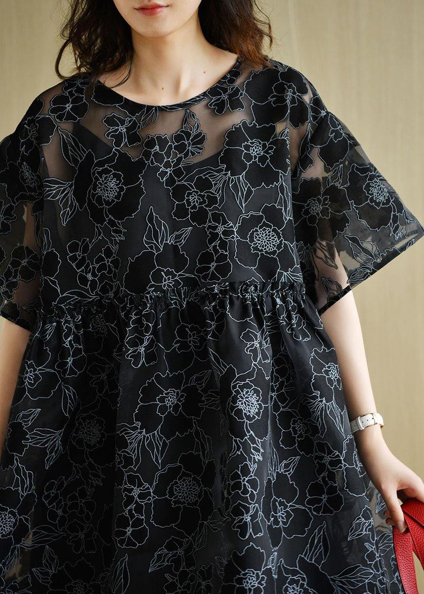 Black O-neck Patchwork Summer Half Sleeve Dress