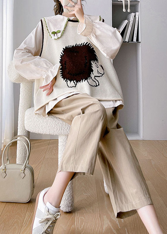Unique Khaki Animal Print Knit Waistcoat Shirts and Crop Pants Three Piece Set Fall