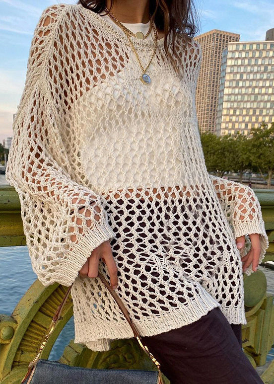 Loose Beige Hollow Out Knit Sweater Summer