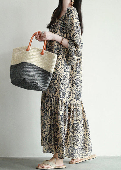 Stylish Print Lace Up Oversized Cotton Long Dresses Spring
