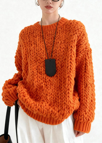 Orange Oversized Cable Knit Sweater Tops Winter