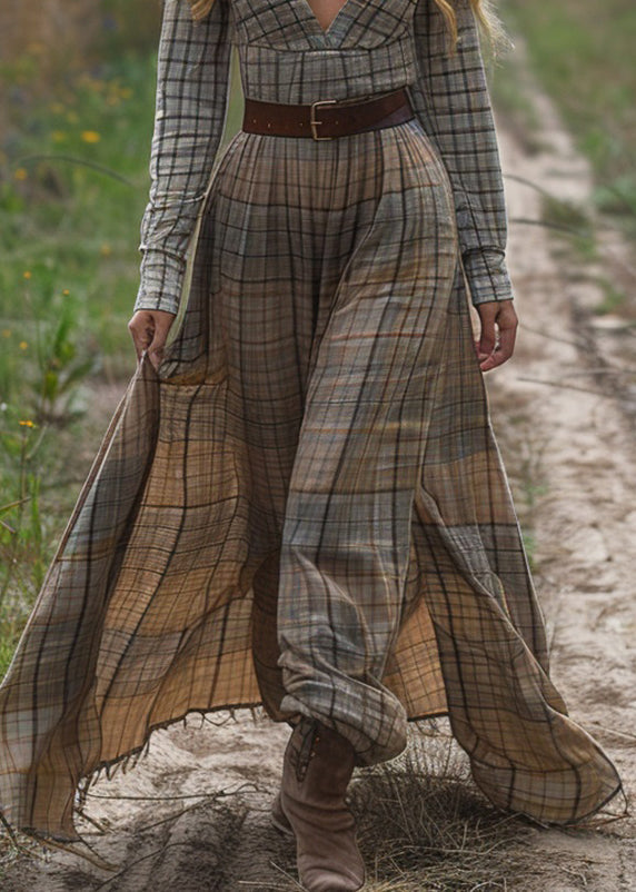 Plaid Long Sleeve Pastoral Dresses