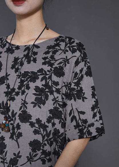 Grey Print Side Open Linen Long Tops Summer