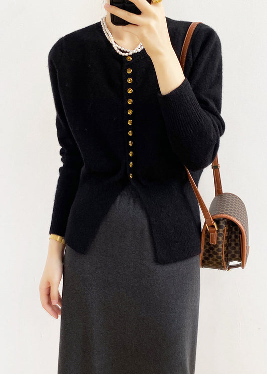 Black O Neck Button Fitted Knit Cardigan Fall