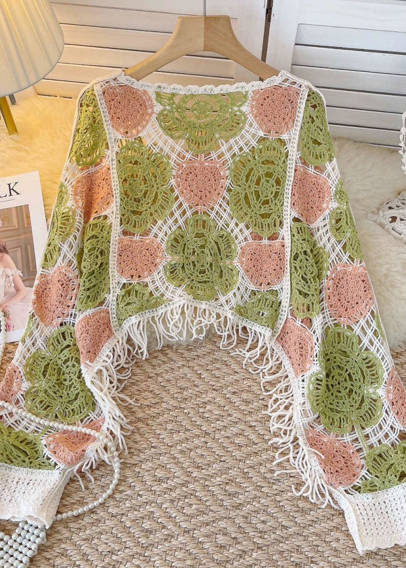 Green O-neck Tassel Hollow Out Patchwork Knit Shirt Fall