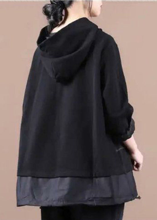 Black Striped Hooded Patchwork Warm Fleece Pullover Sweatshirt Winter