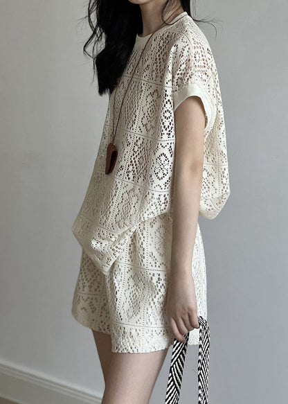 Beige O-neck Hollow Out Top and Shorts Two Pieces Set Summer
