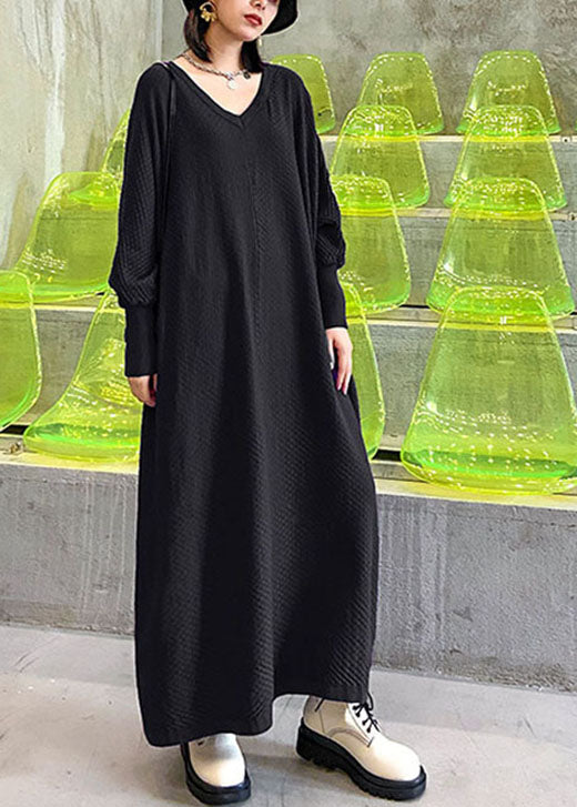 French Black V Neck Knitting Cotton Fall Knit Dress