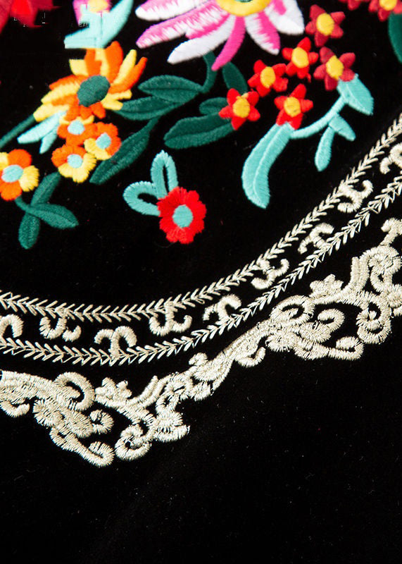 Black Fur Collar Embroideried Patchwork Silk Velour Waistcoat Sleeveless