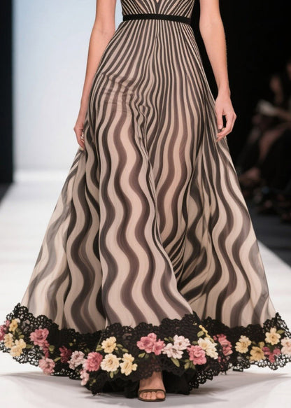 Khaki Striped Patchwork Flower Chiffon Party Dress Summer