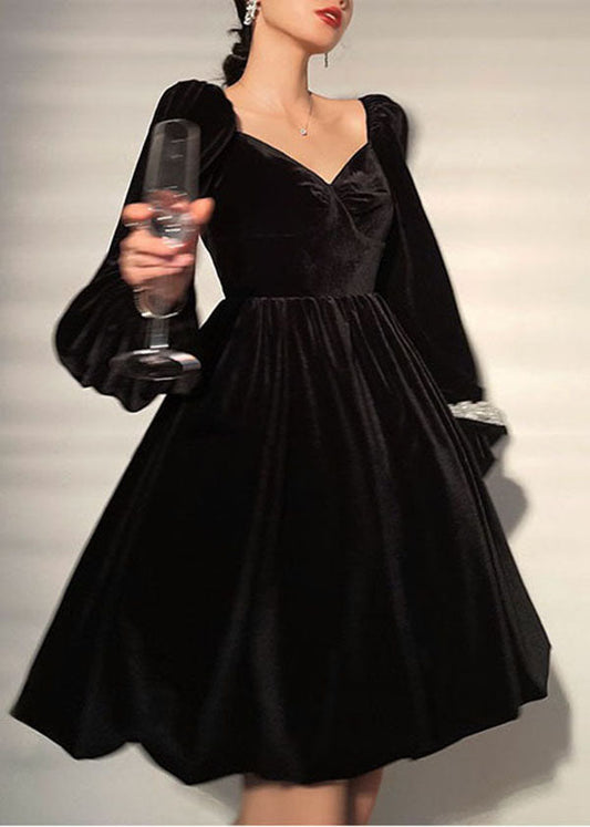 French Black V Neck Color Velour Mid Dress Lantern Sleeve