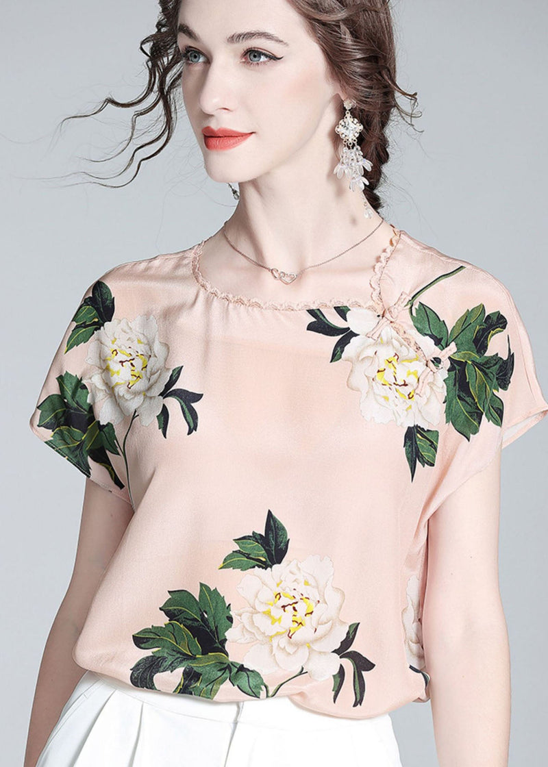 French Pink O Neck Print Patchwork Oriental Button Silk Tops Summer