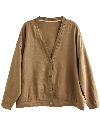 Khaki V Neck Button Linen Top Long Sleeve