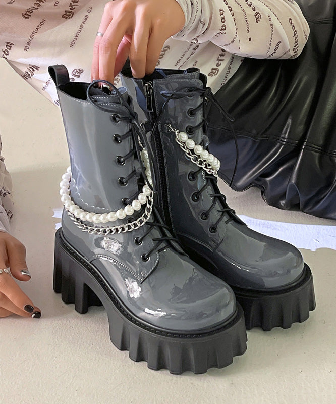 Black Boots Platform Cowhide Leather Splicing Cross Strap