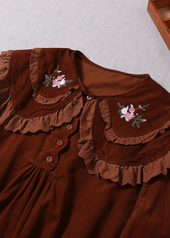 Diy Chocolate Embroideried Button Corduroy Blouses Spring