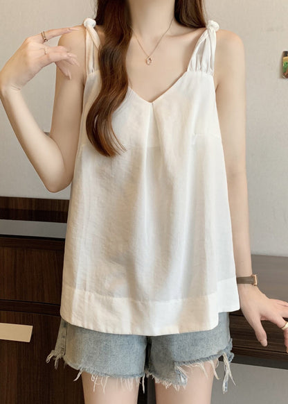 White Wrinkled Cotton Tank V Neck Summer