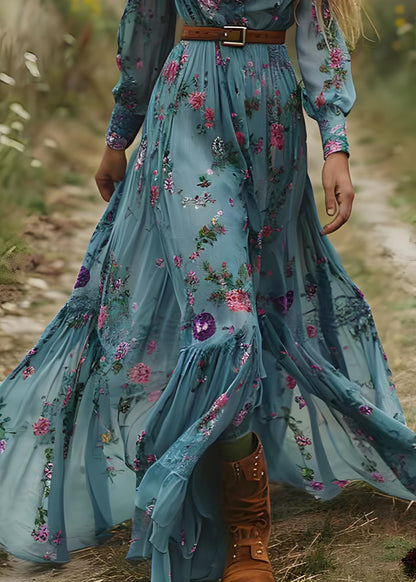 Blue Ruffled Print Patchwork Chiffon Long Dress Spring